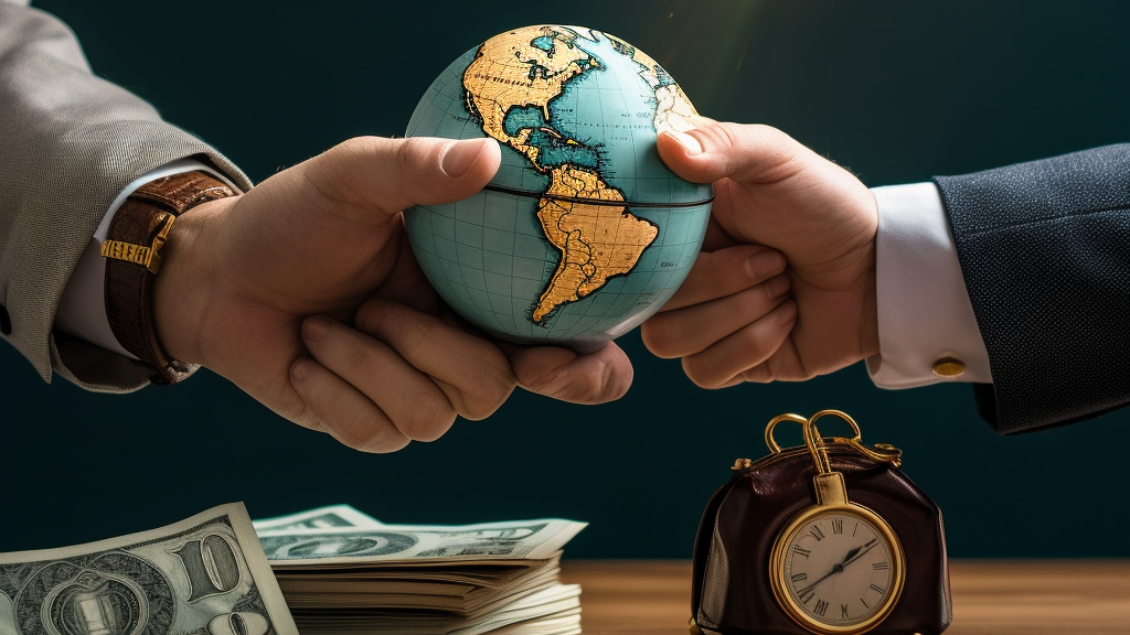 Handshake between two individuals, one holding a pen and the other holding a bag of money, against a global backdrop, representing international opportunities in grant writing.