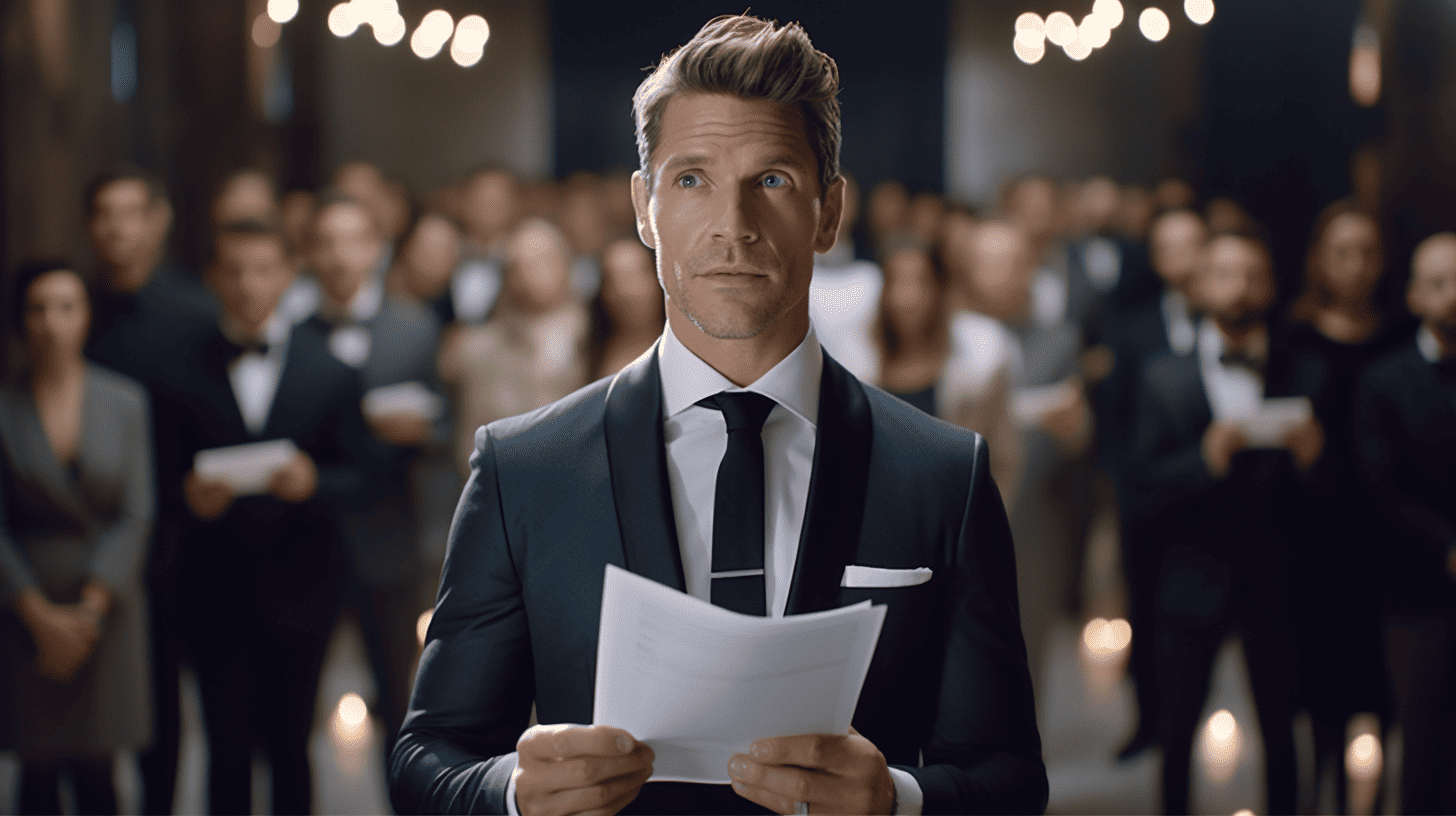 Man in tailored suit holding a meticulously crafted speech, illustrating the importance of professional speechwriting services.