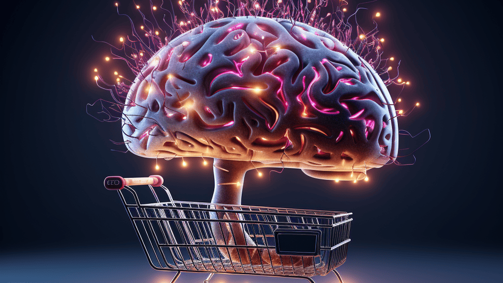 Brain inside a shopping cart symbolizing the neurological aspects of consumer decisions