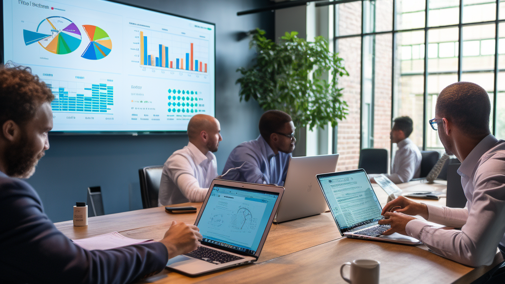 Executives discussing Corporate Social Responsibility in a boardroom, with sustainability metrics displayed on a screen.