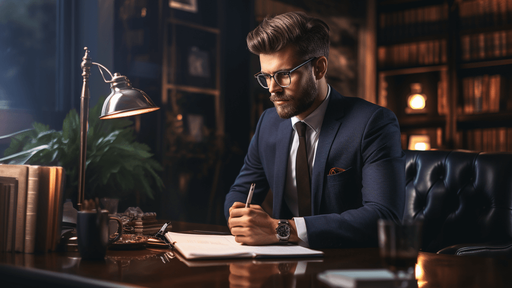 Thoughtful executive sitting at a desk, engrossed in writing an op-ed article.